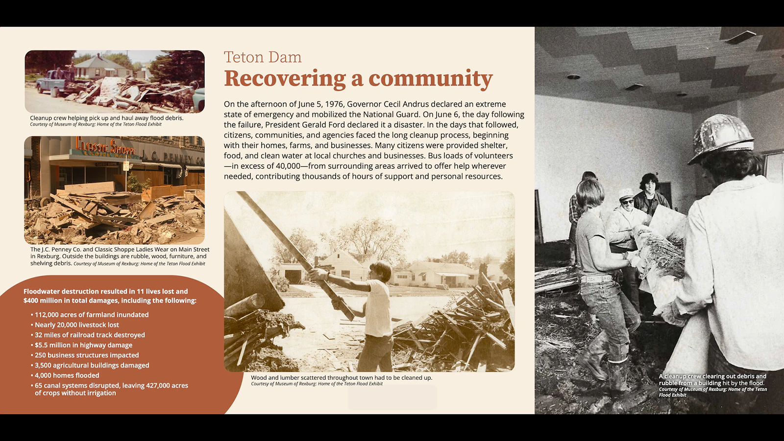 Dam panels erected by the U.S. Bureau of Reclamation explain the history of the dam and disaster.
