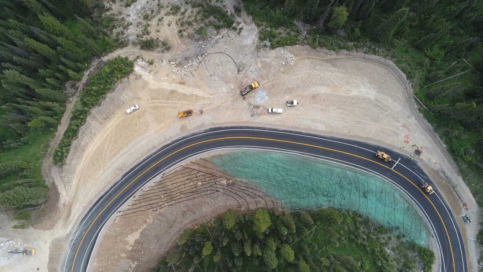 A look overhead of the new bypass detour on Highway 22 over Teton Pass. There are reasons why this temporary fix can't be the permanent solution, namely the curve is too tight and it creates a 11.2% grade, well beyond the 10% maximum WYDOT shoots for.