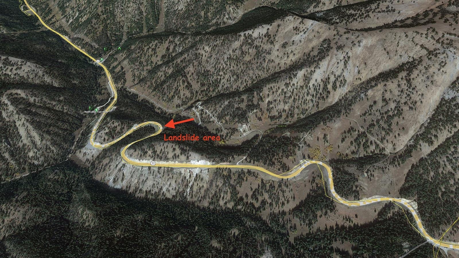 Teton Pass landslide at hairpin curve on the highway.