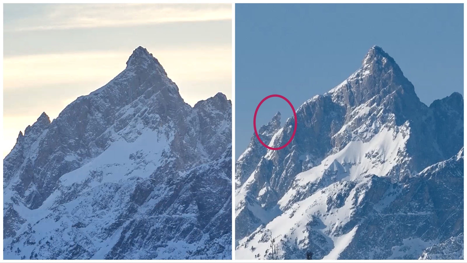 Seen side-by-side, it's apparent how a patch of rock in the Wyoming Tetons that broke off last fall changed the range's profile slightly.