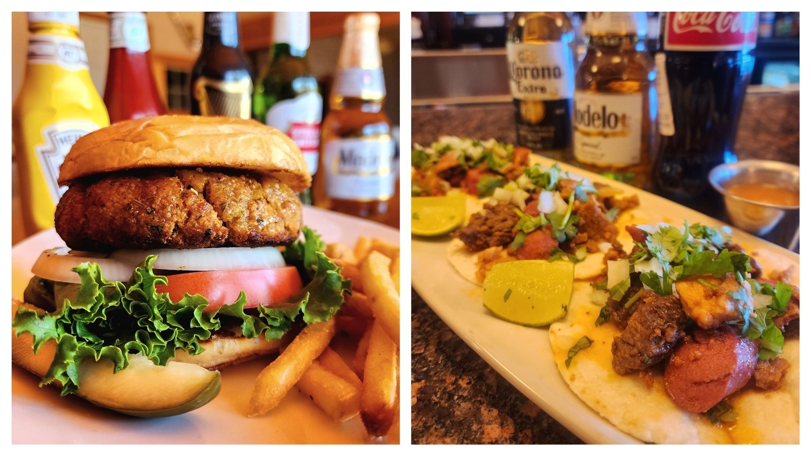 Atlantic salmon burger, left, and tacos de discada.