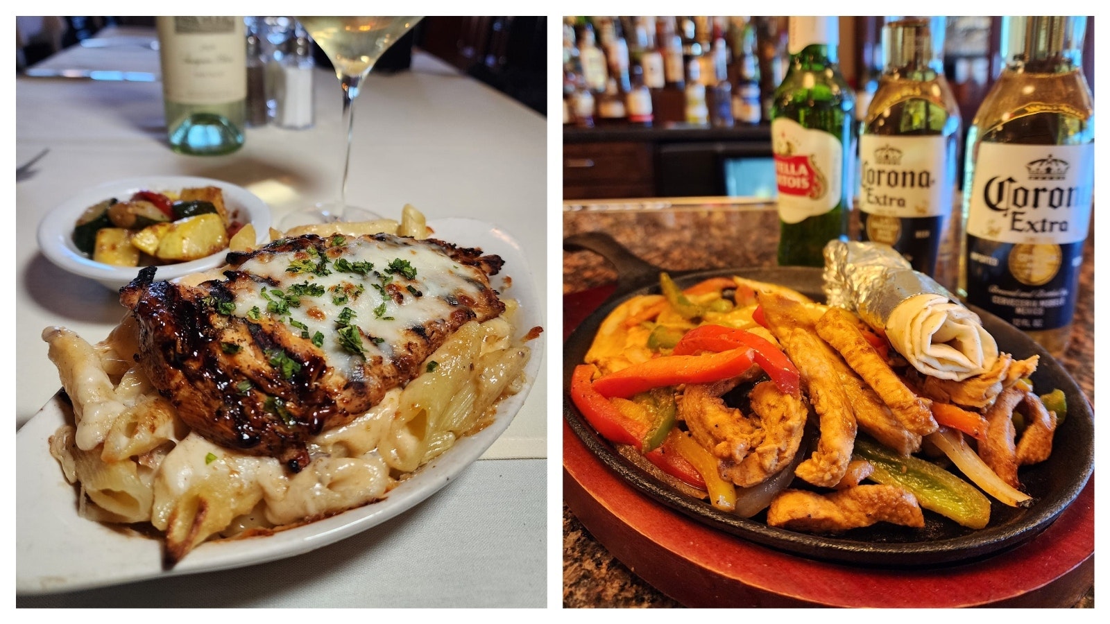 Cajun chicken alfredo, left, and chicken fajitas.