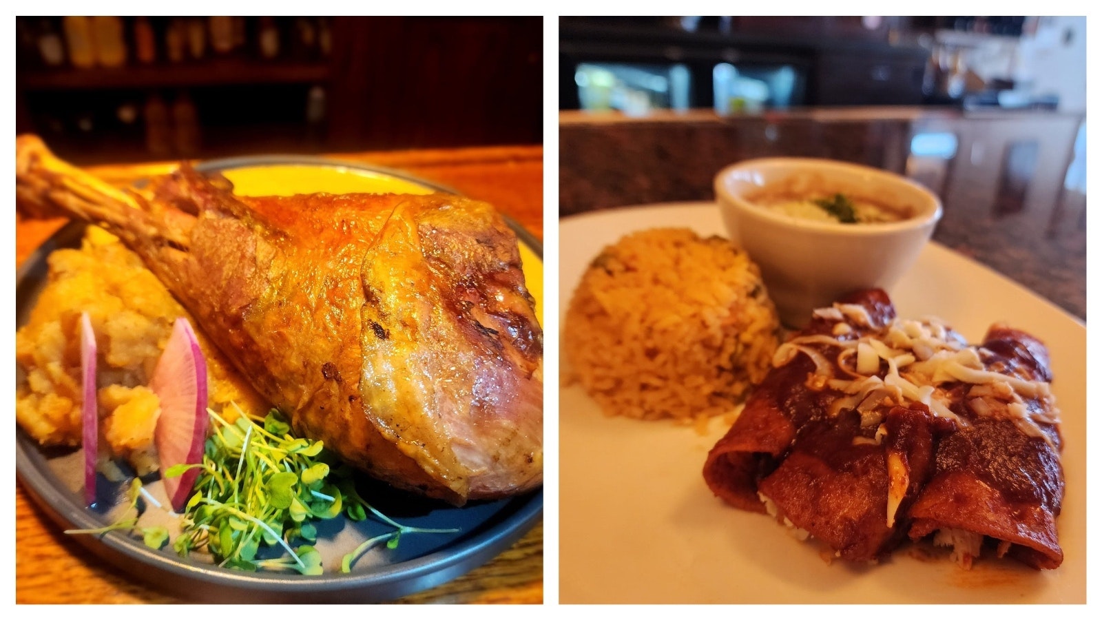 18-hour braised turkey leg, left, and Chihuahua-style enchiladas.