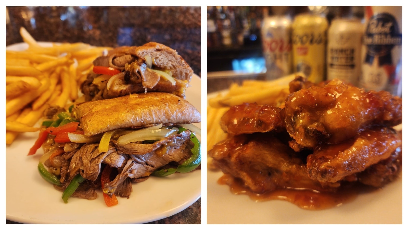 Prime rib Philly cheesesteak, left, and sweet chili wings.