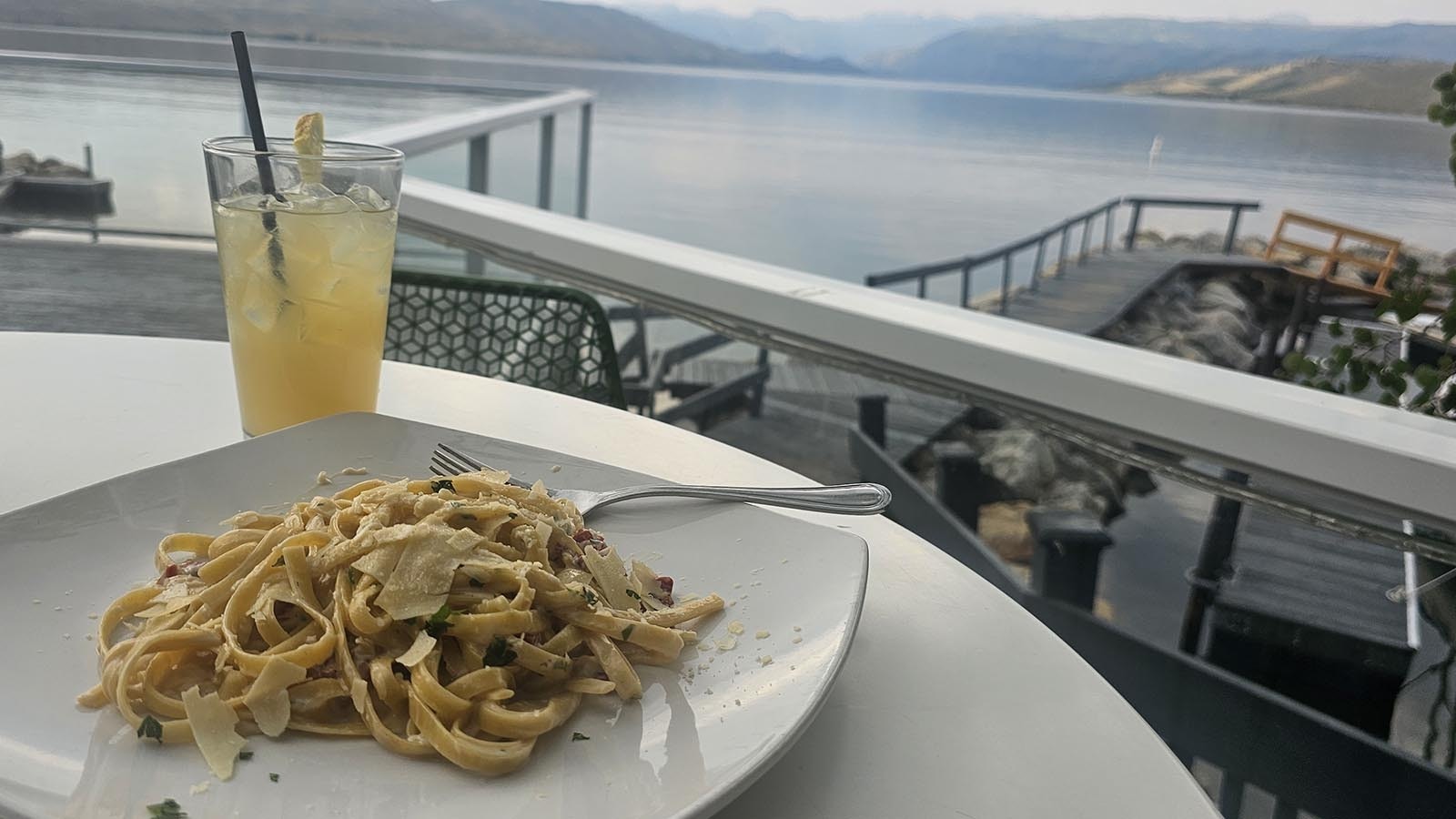 Sun-dried tomato Alfredo with Italian Tea, lakeside at The Experience.