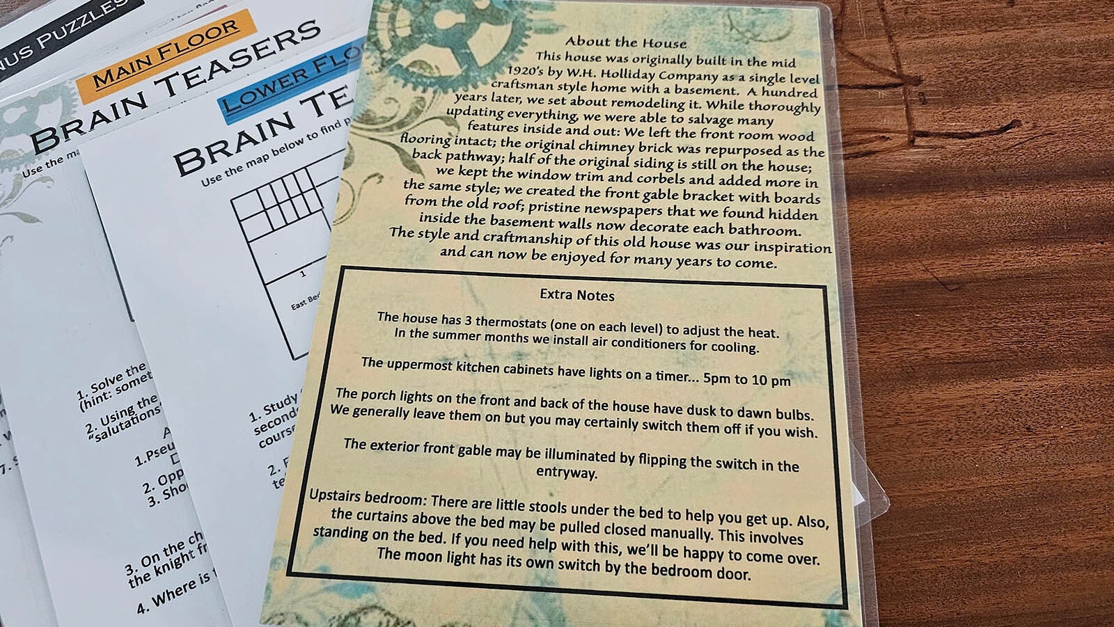 A set of puzzle sheets, including an introduction that explains the concept of the house, as well as where to find important things like the thermostat and the outdoor light switches.