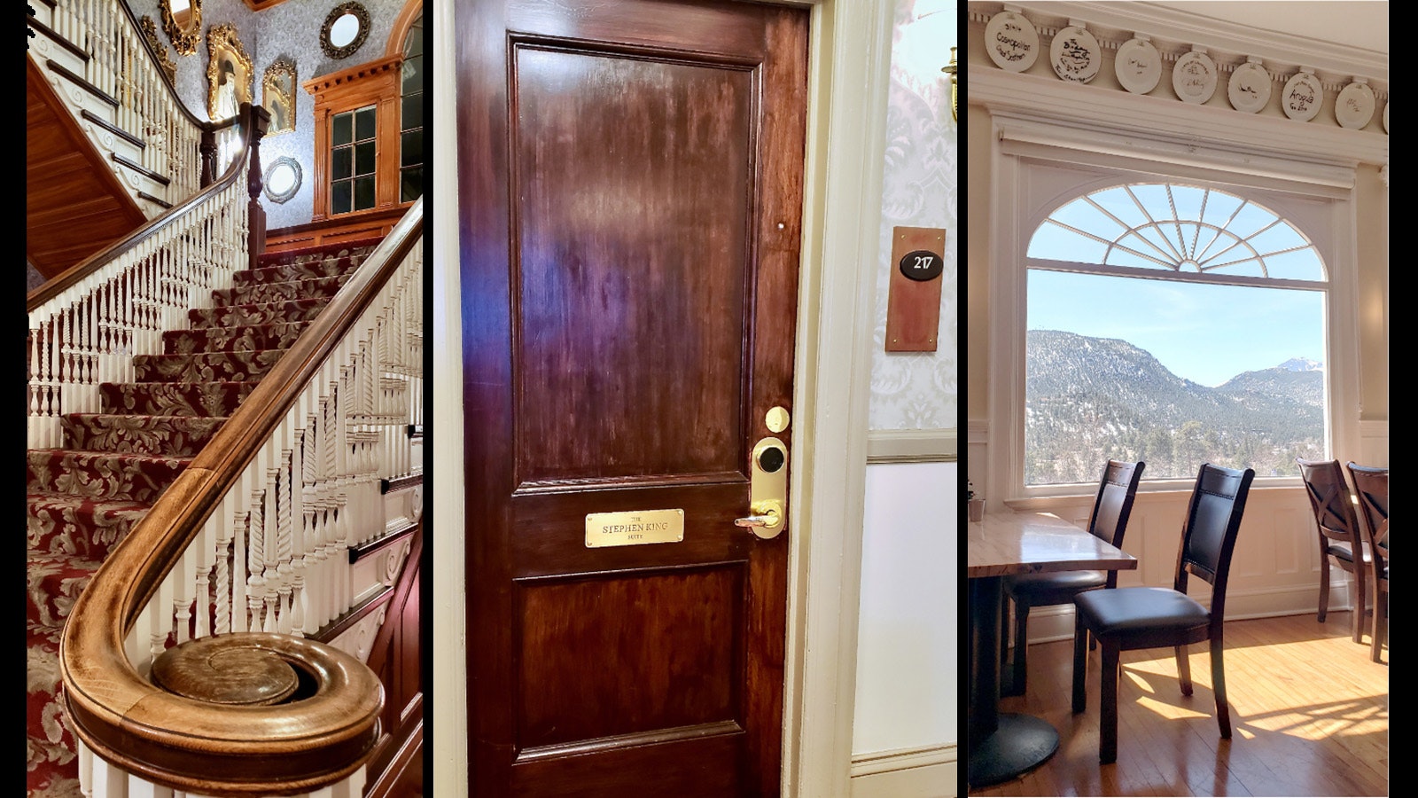 After taking the ornate staircase, the door to Room 217 is like any other door in The Stanley Hotel. There also are great views from the dining room.