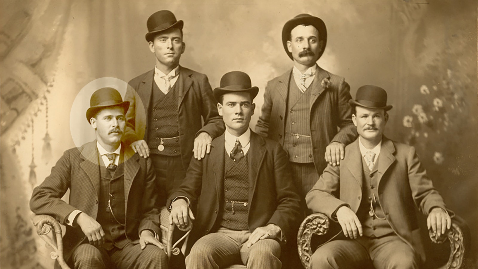 In this famous photo of the outlaw group The Wild Bunch, Harry Longabaugh — aka The Sundance Kid — is seated at left. Also pictured are, seated from left, Ben Kilpatrick and Robert Leroy Parker (aka Butch Cassidy). Standing are Bill Carver, left, and Harvey Logan (aka Kid Curry).