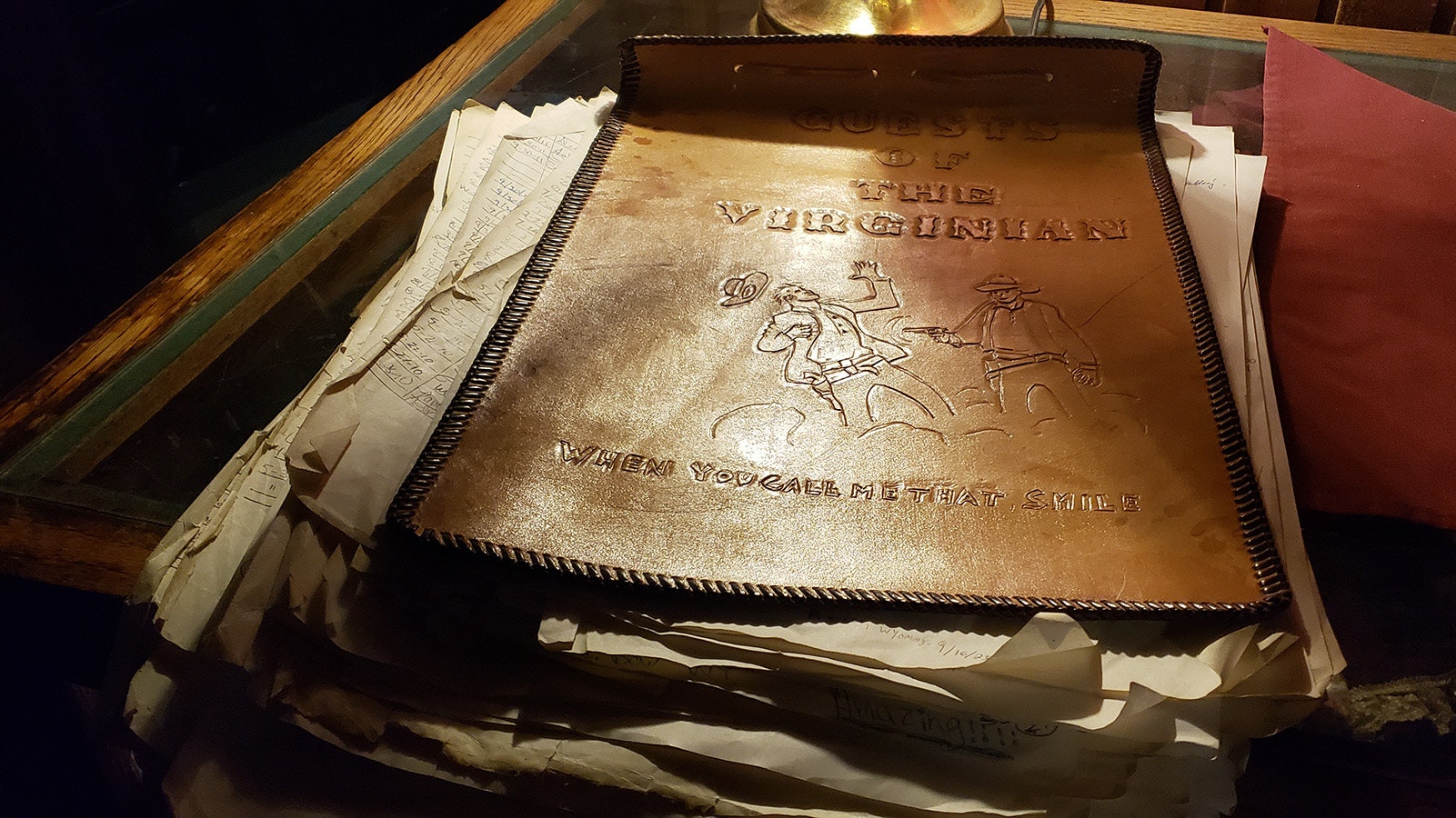 A vintage leather guest book.