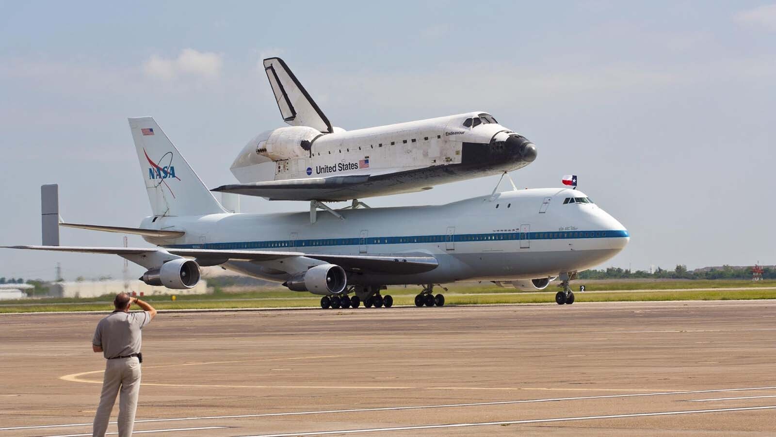 A space shuttle rides atop a 747 jet to get from one airfield to the next. Many times, Larry LaRose of Lander, Wyoming, was flying that 747.