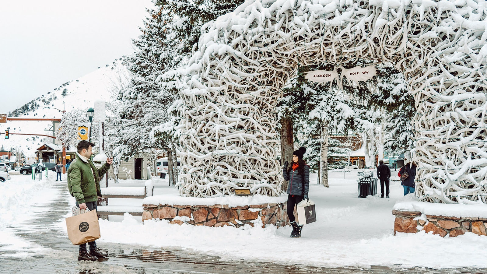 One of the most popular photo ops in Wyoming is at the antler arch on the southwest corner of the Jackson town square.