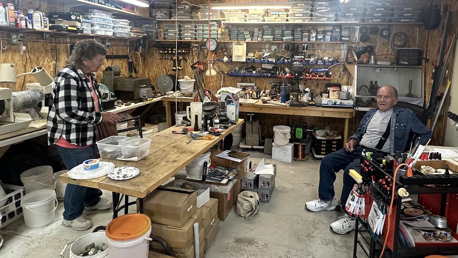 Ava and Eddy Cole cut and polish rocks in their workshop in Thermopolis, Wyoming.