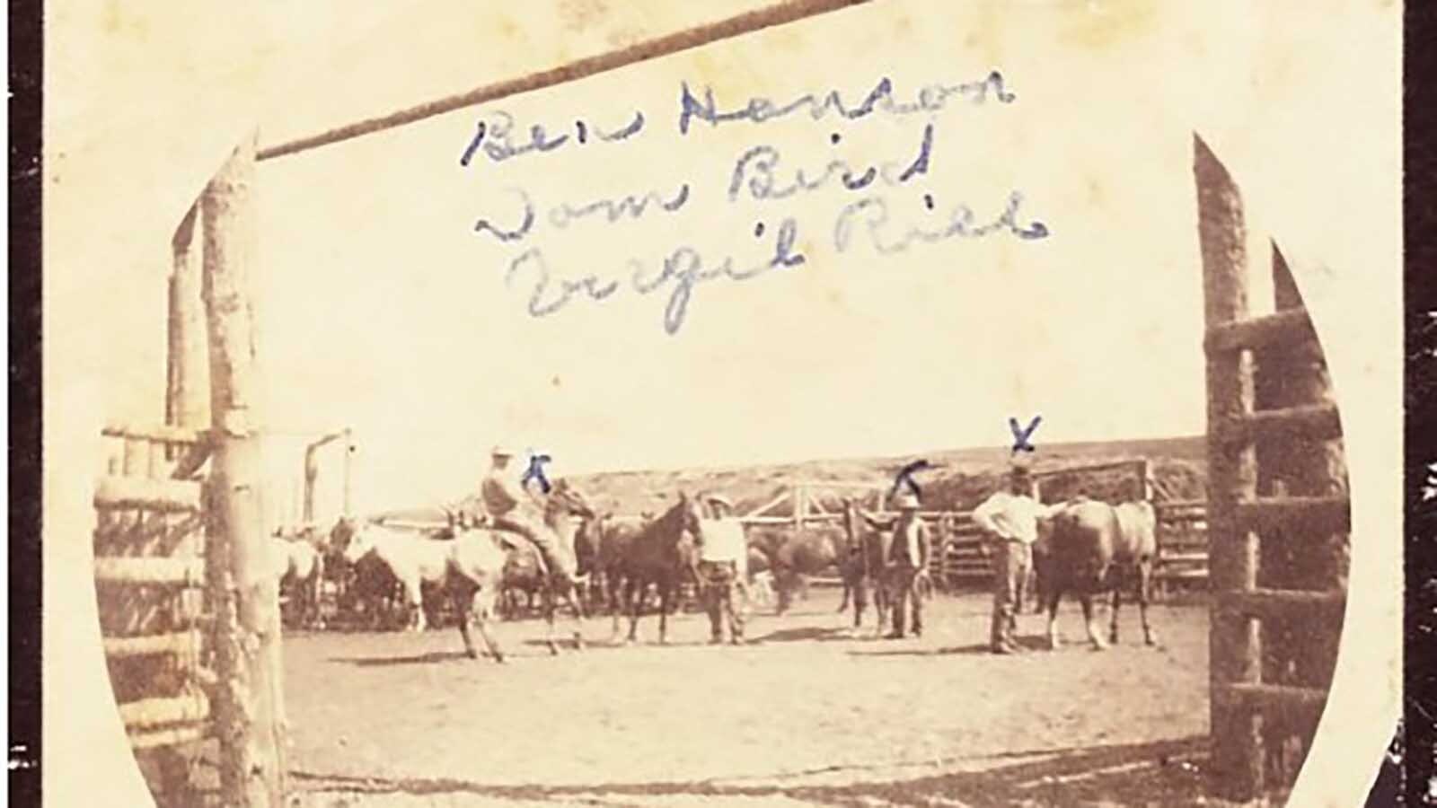 The only known photograph of Ben Hanson was found in the collection of Minnie Brown, herself a known friend of outlaws. Tom Bird and future Sheriff Virgil Rice are pictured alongside Hanson, who was later accused of murdering Bird, although he claimed self-defense and was never given a trial.