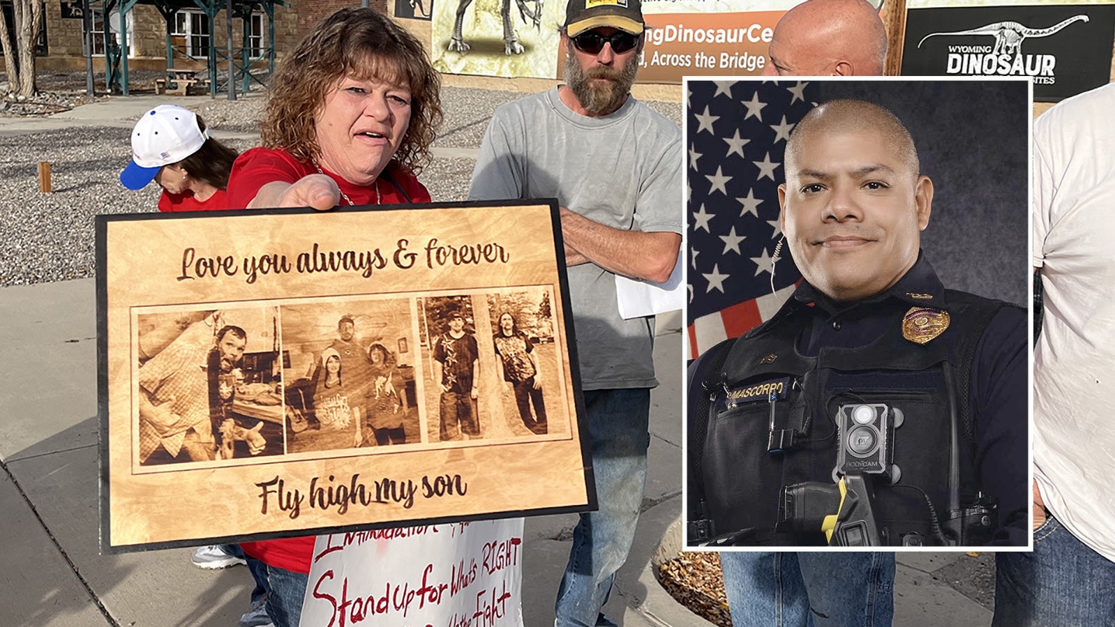 Debra Laramore-Fenton, mother of Buck Laramore, who was killed in a shootout with a Thermopolis police officer, holds a sign memorializing her son at a protest. A special prosecutor determined that while the officer, Sgt. Mike Mascorrow, was justified in shooting Laramore, he did so after entering his house illegally.