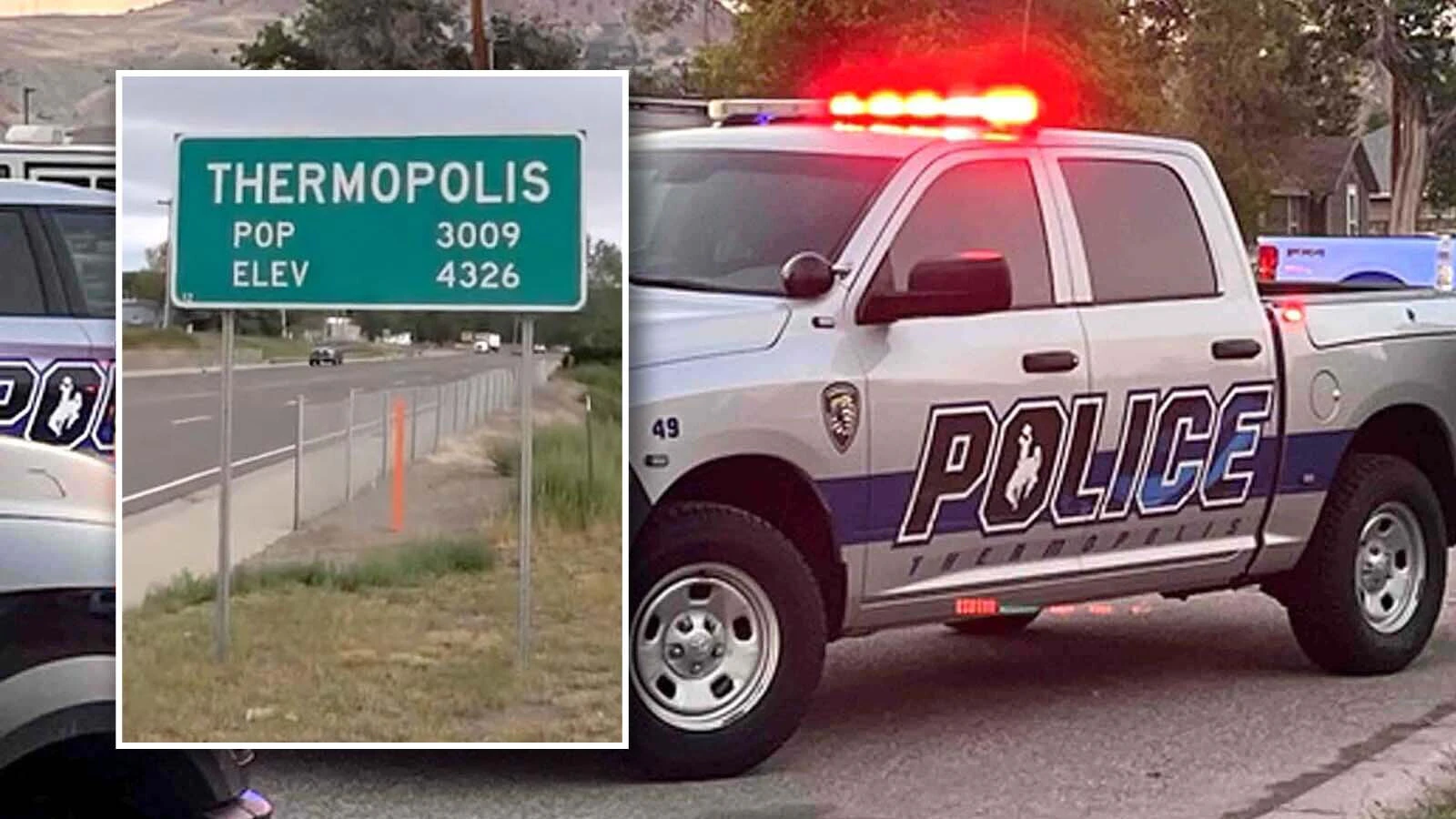Thermopolis sign and police vehicle 8 3 26
