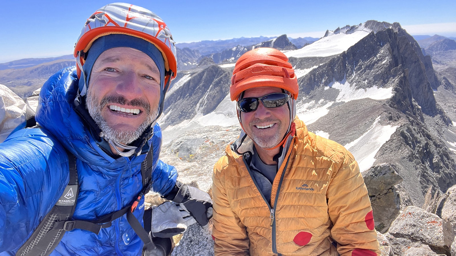 Thomas Turiano and Forrest McCarthy on the summit of Mount Helen, Turiano's final" Select Peak" in August 2023.