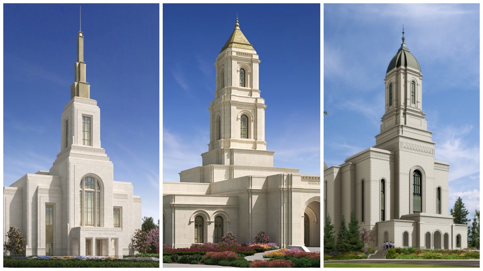 The Cody, Wyoming, temple (center) isn't alone in facing local opposition. Temple projects in Fairview, Texas (left) and Heber City, Utah (right) also are facing criticism and even legal action to stop them,