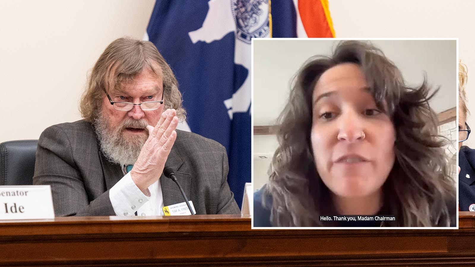 Tensions rose Thursday during a Senate committee hearing when Britt Boril of Casper refers to state Sen. Tim French as "Madame Chairmain" during her virtual testimony.