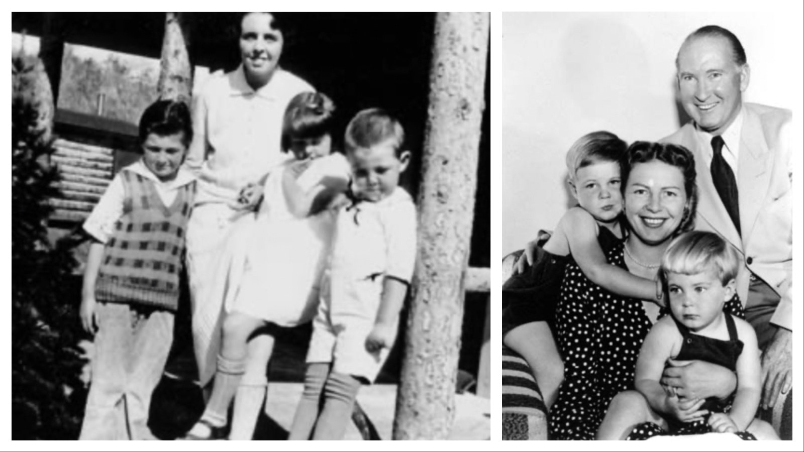 Tim McCoy's first wife Agness Miller and their three children on their Wyoming ranch. Right, is an older McCoy with his second wife, Ingrid Arvad and their children.