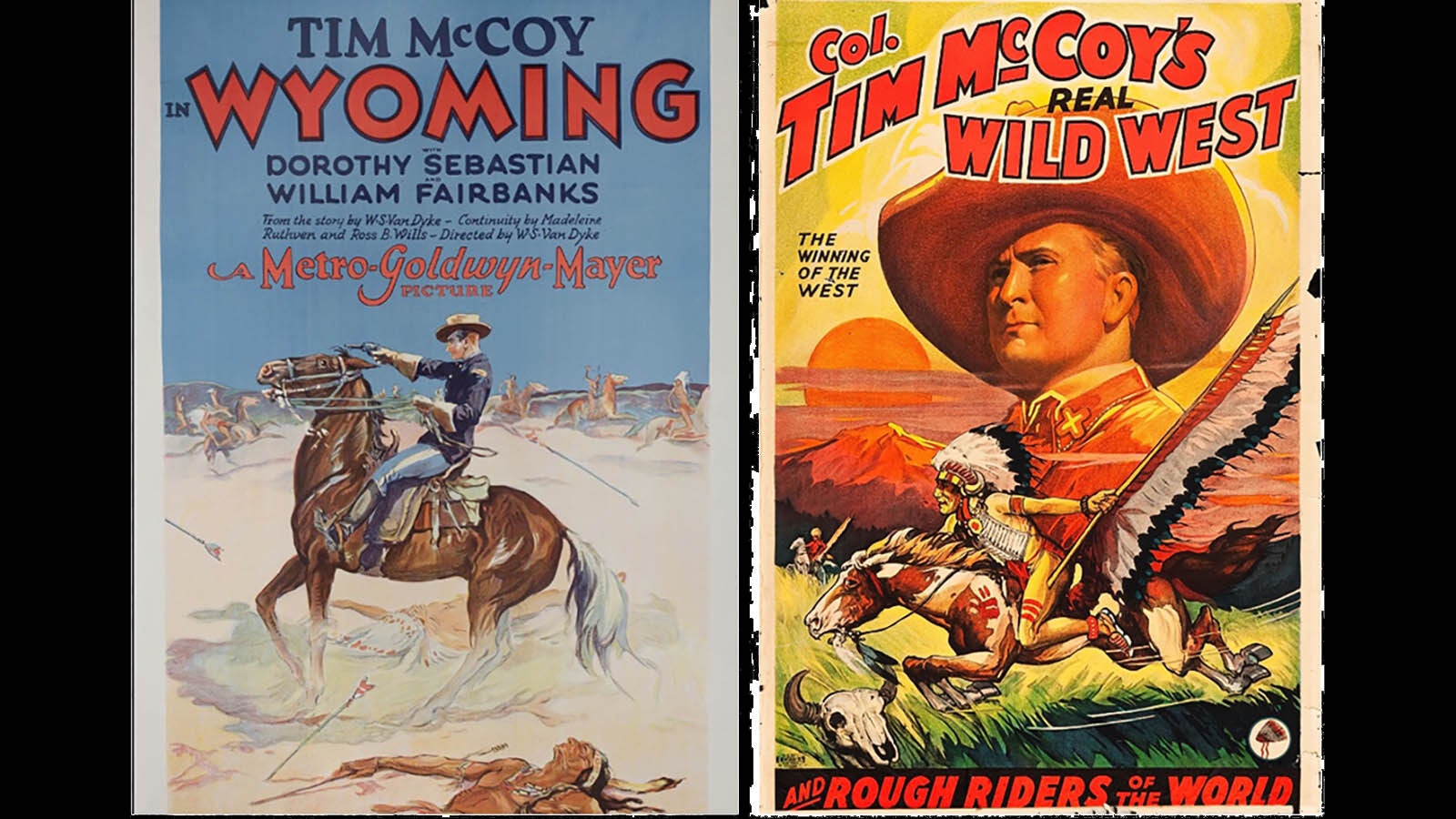 Movie poster for Tim McCoy in "Wyoming" in 1928. At right is a poster for his Wild West show.