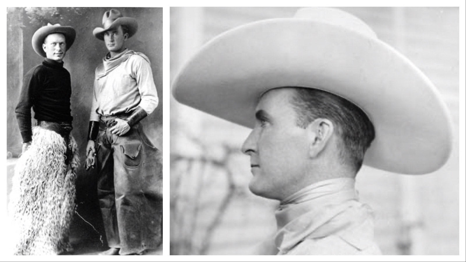 Left: Actor Tim McCoy, right: with another cowboy in 1912. Right: McCoy's famous "50 gallon hat."