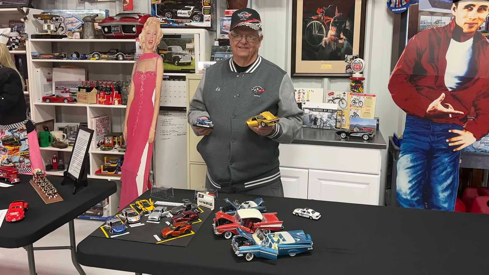 Ed Downes was inspired to create a miniature exotic car display after going to the real thing with his grandson. The only difference is that he added the Aston Martin DV5, a James Bond car, to his display.