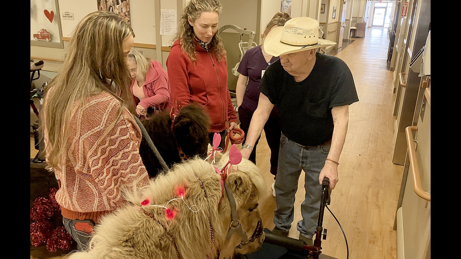 Carl Swedelius enjoys checking out the visitors to Amie Holt Care Center on Monday. He asked if Tootsie Roll and Chip were used as pack animals.