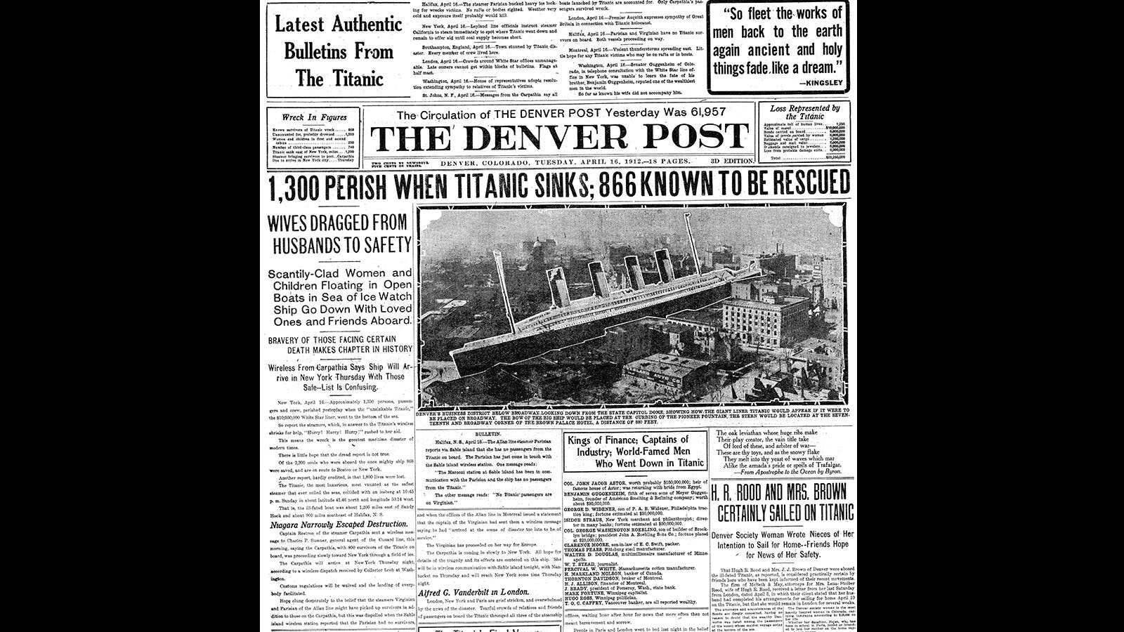 Headline of The Denver Post on the tragedy of the sinking of the RMS Titanic, April 16, 1912. The headline reads "1,300 Perish When Titanic Sinks; 866 Known To Be Rescued."