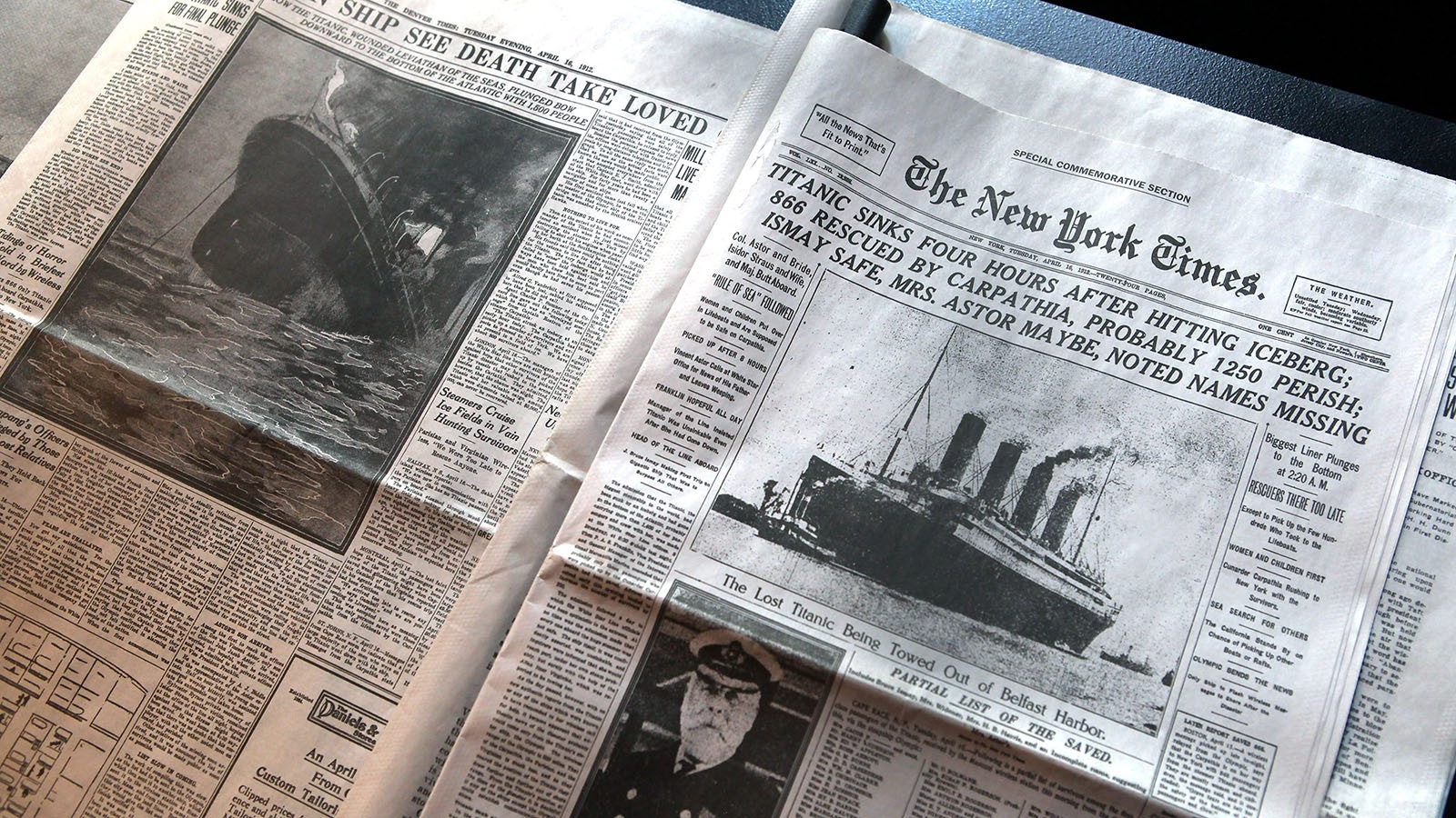 The front page of The New York Times on April 15, 1912, details the sinking of the RMS Titanic at the opening of the "Titanic at 100: Myth and Memory" exhibition on April 10, 2012, in New York City.