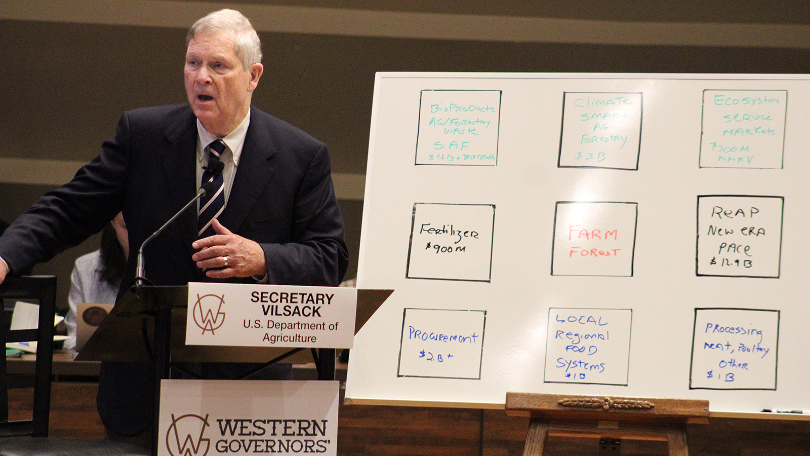 U.S. Secretary of Agriculture Tom Vilsack presents Tuesday during a Western Governors' Association meeting in Jackson, Wyoming.