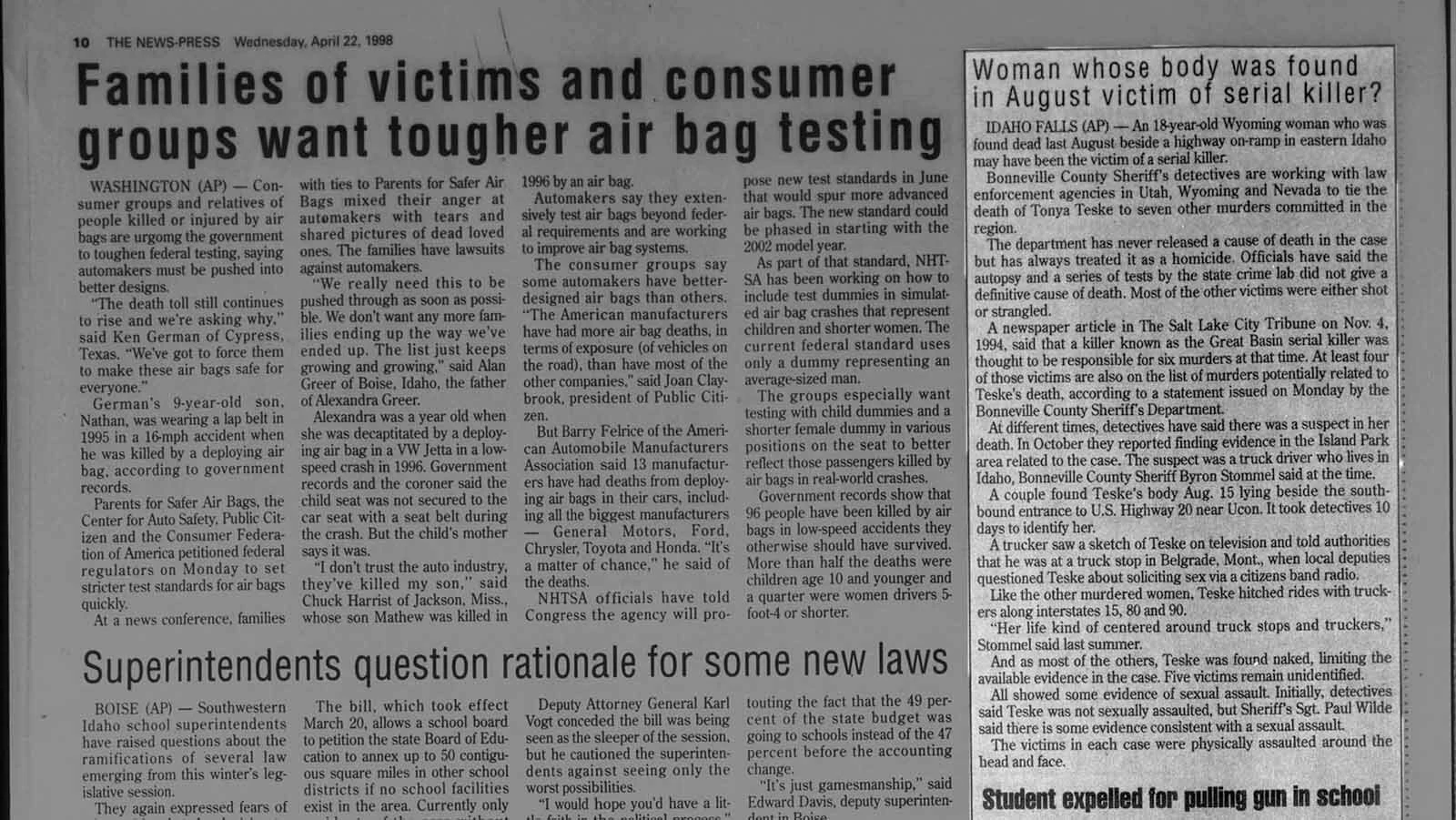 A story about Tonya Teske in the April 22, 1998, edition of the Shoshoni News-Press.