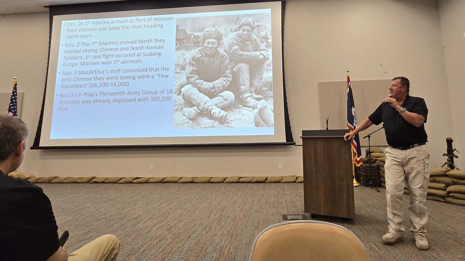 Shayne Jarosz talks about the Battle of Chosin Reservoir during the Korean War at the National Museum of Military Vehicles.