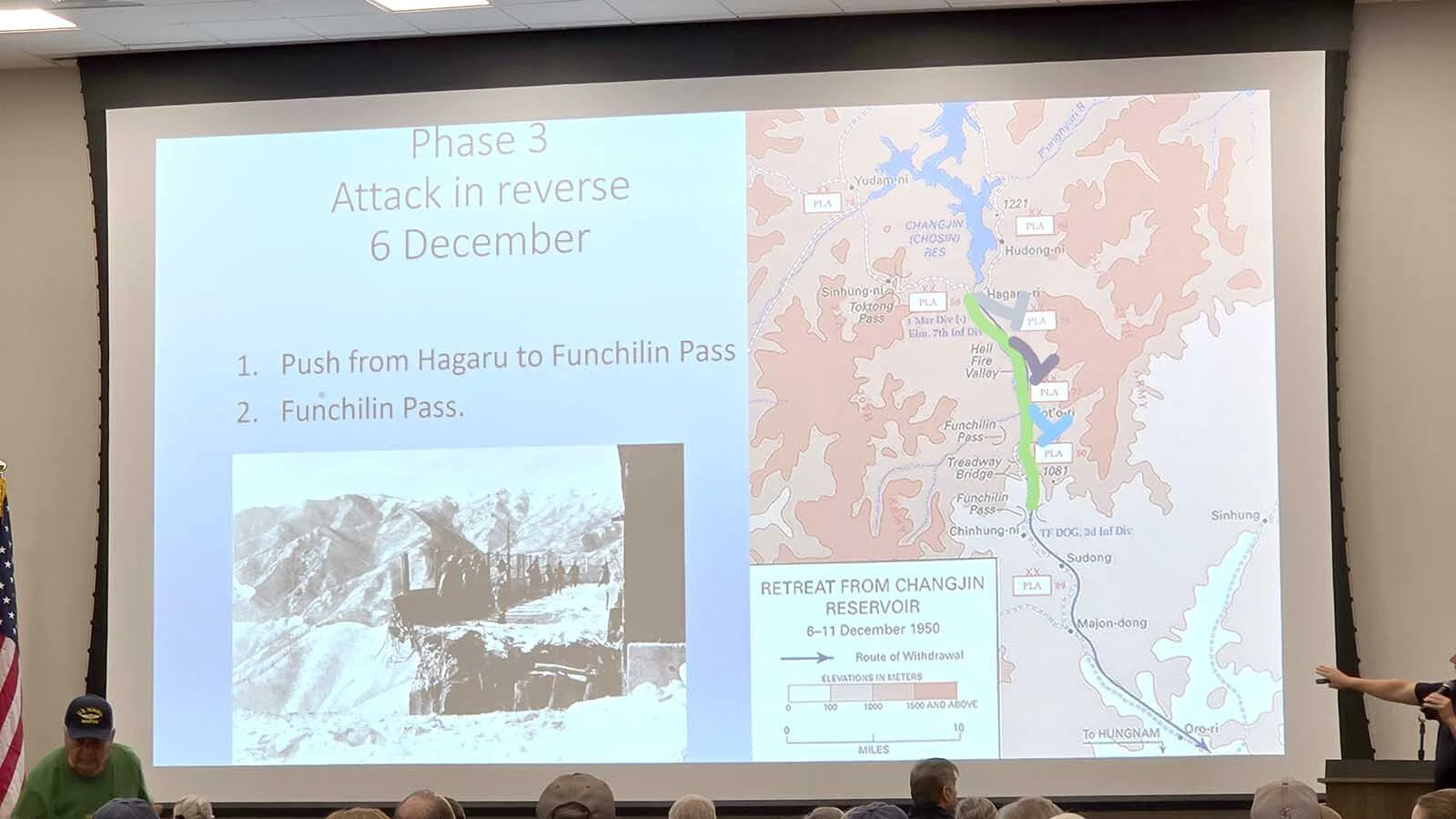 A map of the area involved in the Battle of Chosin Reservoir during the Korean War. Changjin is the Korean spelling of the Lake, while Chosin is the Japanese pronunciation. The name Chosin stuck because the United Nations and America were using outdated Japanese maps during the conflict.
