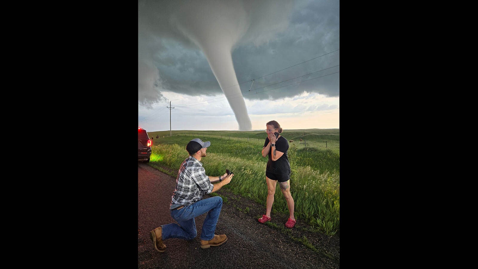 Bryce Shelton proposed to Paige Berdomas on Saturday while an EF-3 tornado raged behind them and across South Dakota and Minnesota. Both professional stormchasers called it "the most beautiful tornado" they'd ever seen.