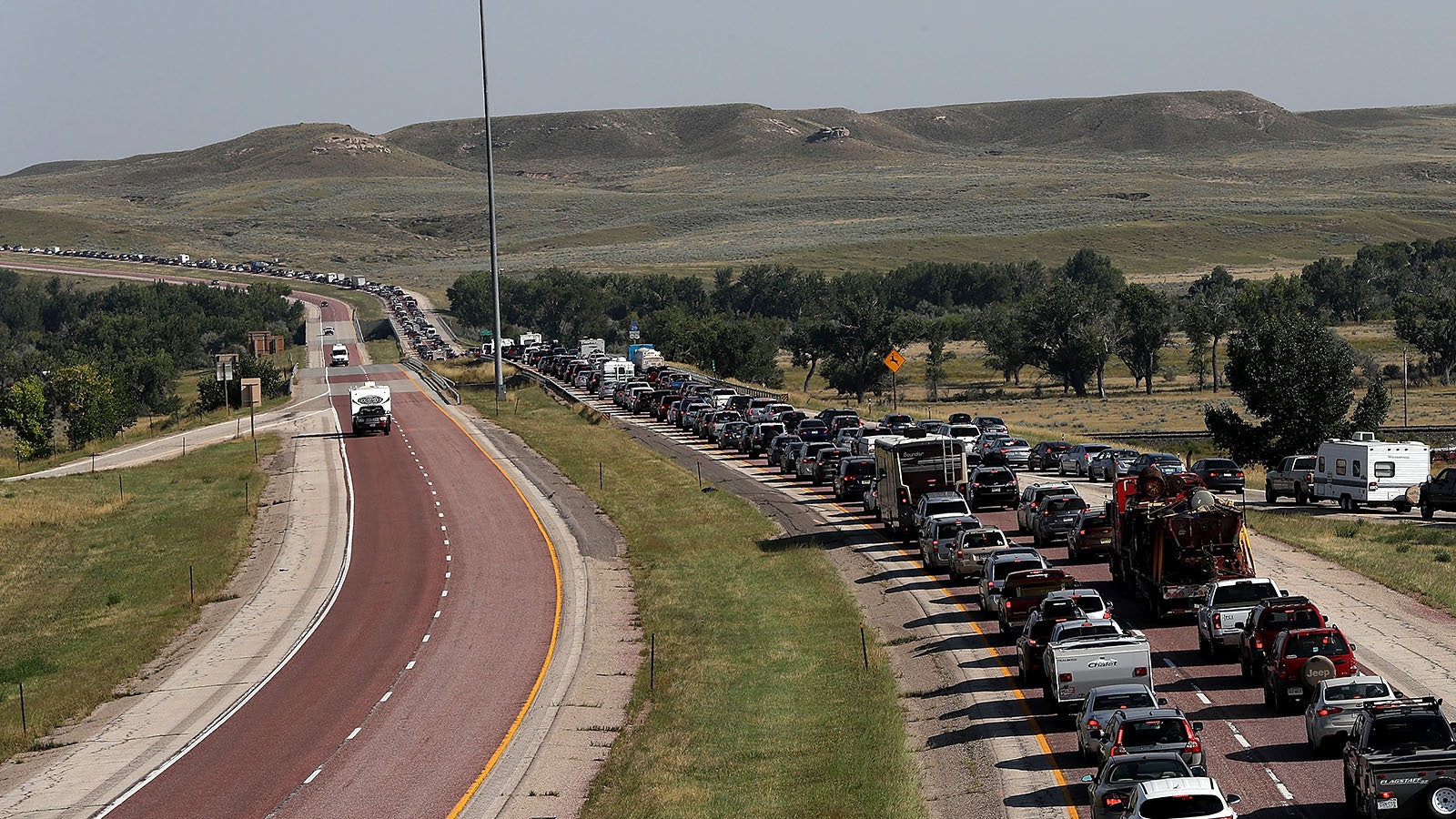 Traffic backs up on Highway 25 leaving Casper on Aug. 21, 2017, in Orin, Wyoming. Millions of people flocked to areas of the U.S. that were in the "path of totality" to experience a total solar eclipse in Wyoming.