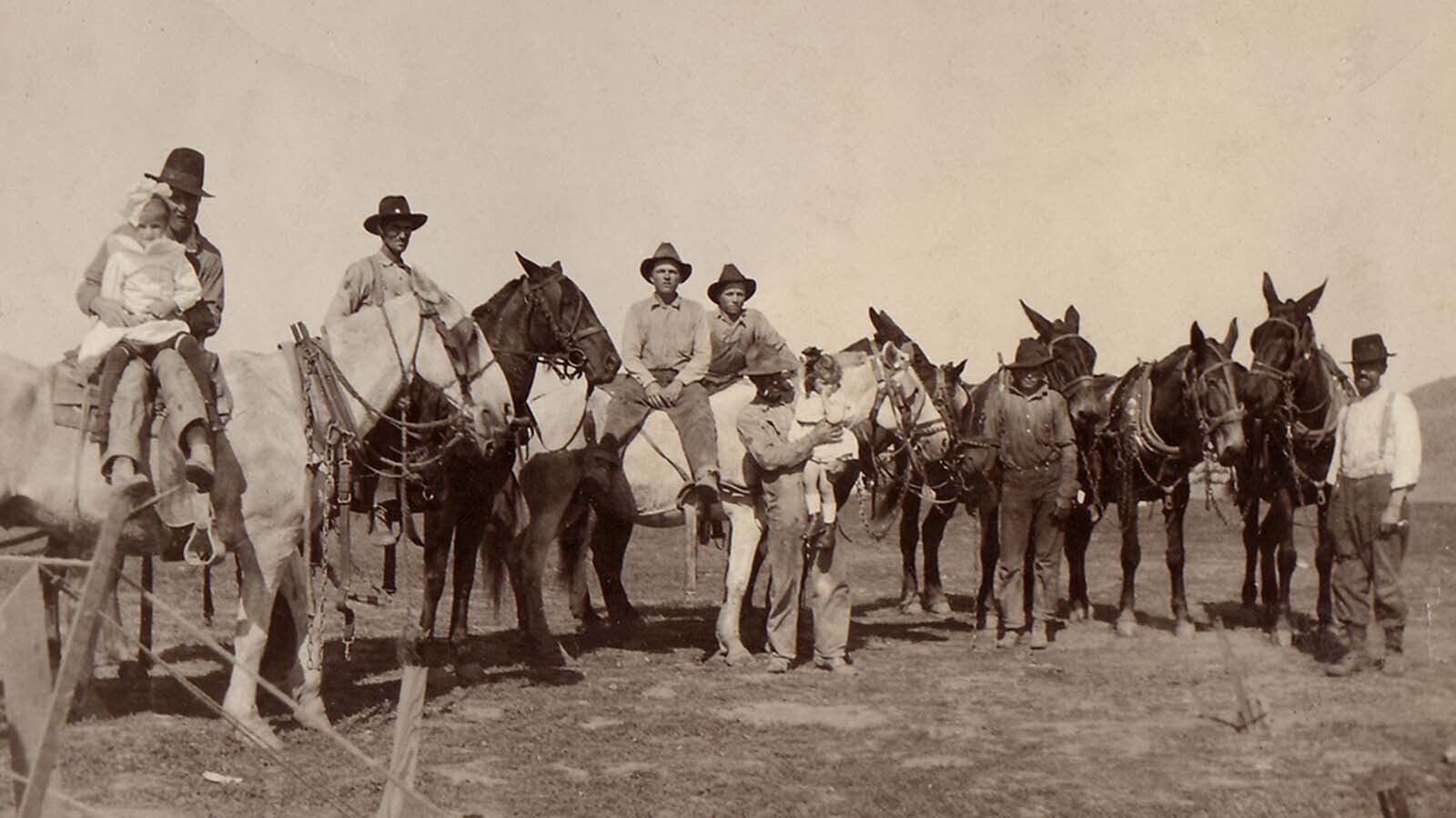 About 1898, Elmer Chatfield with draft horses and work crew near Ten Sleep, Wyoming. He is the one standing and holding his daughter.