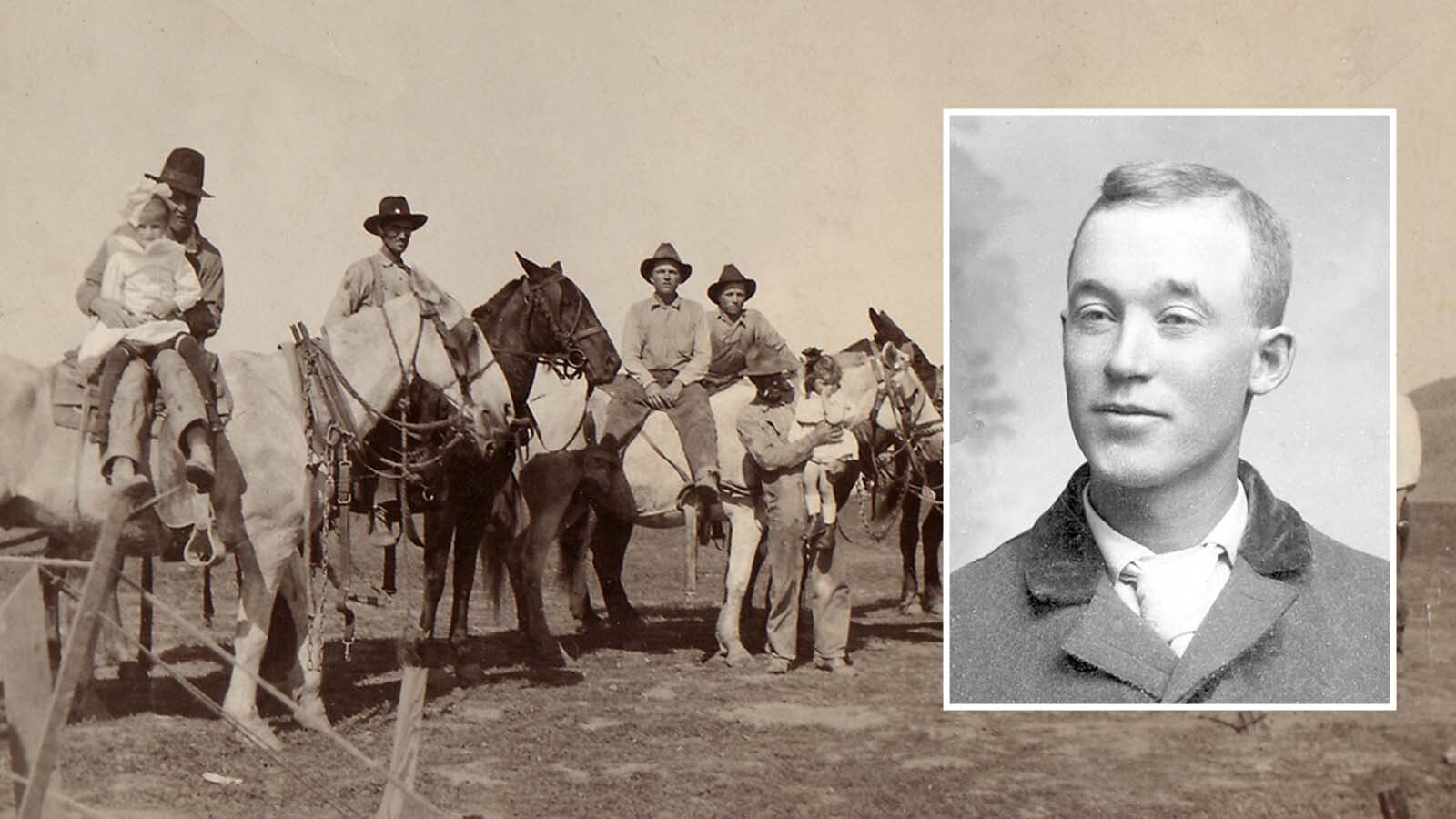 About 1898, Elmer Chatfield with draft horses and work crew near Ten Sleep, Wyoming. He is the one standing and holding his daughter.