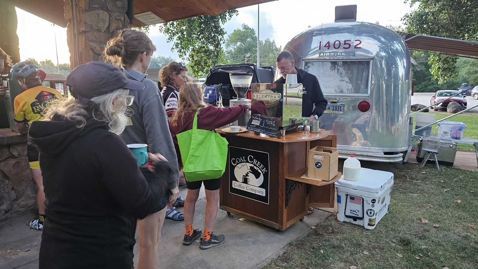 The line for the coffee was long, but the riders were patient for their early morning cup of Coal Creek Coffee. John Guerin, the barista, is the owner of the Laramie-based business, and has been participating in the Tour de Wyoming for 18 years.