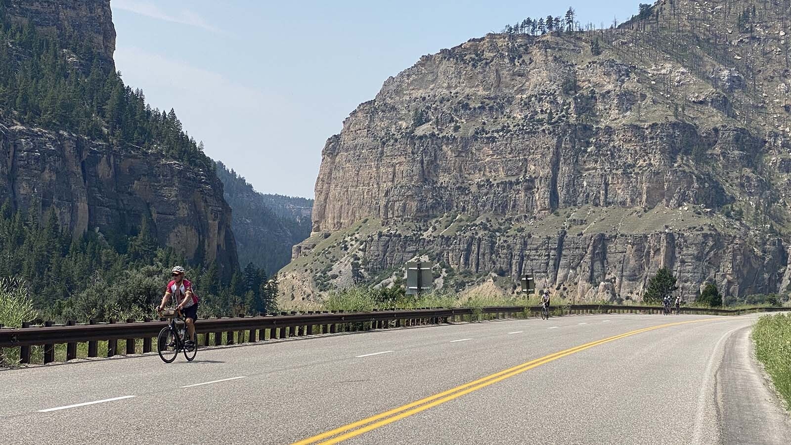 Tour De Wyoming participants riding up the Ten Sleep Canyon in 2023.