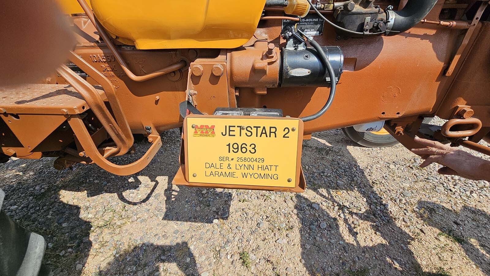 The Minneapolis Moline has a little plaque, telling what kind of tractor it is and what year it is, as well as identifying its owners.