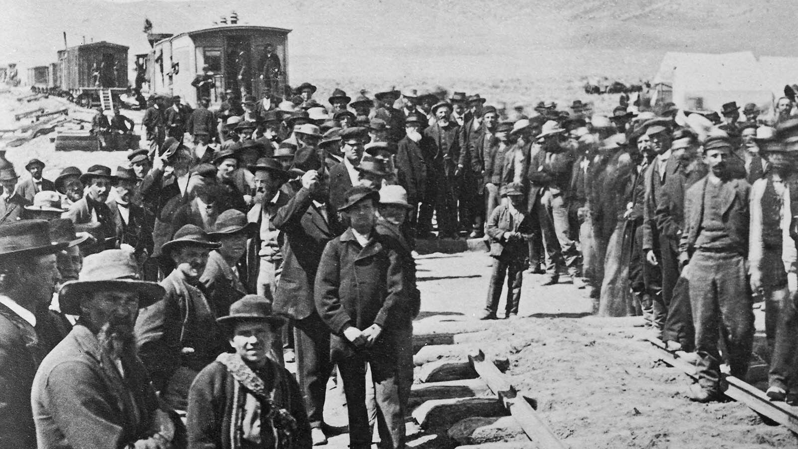 The Golden Spike ceremony on completion of the first transcontinental railroad, as trains of the Central Pacific and Union Pacific rail met at Promontory, Utah, on May 10 1869. The image is one half of a stereoscopic image.