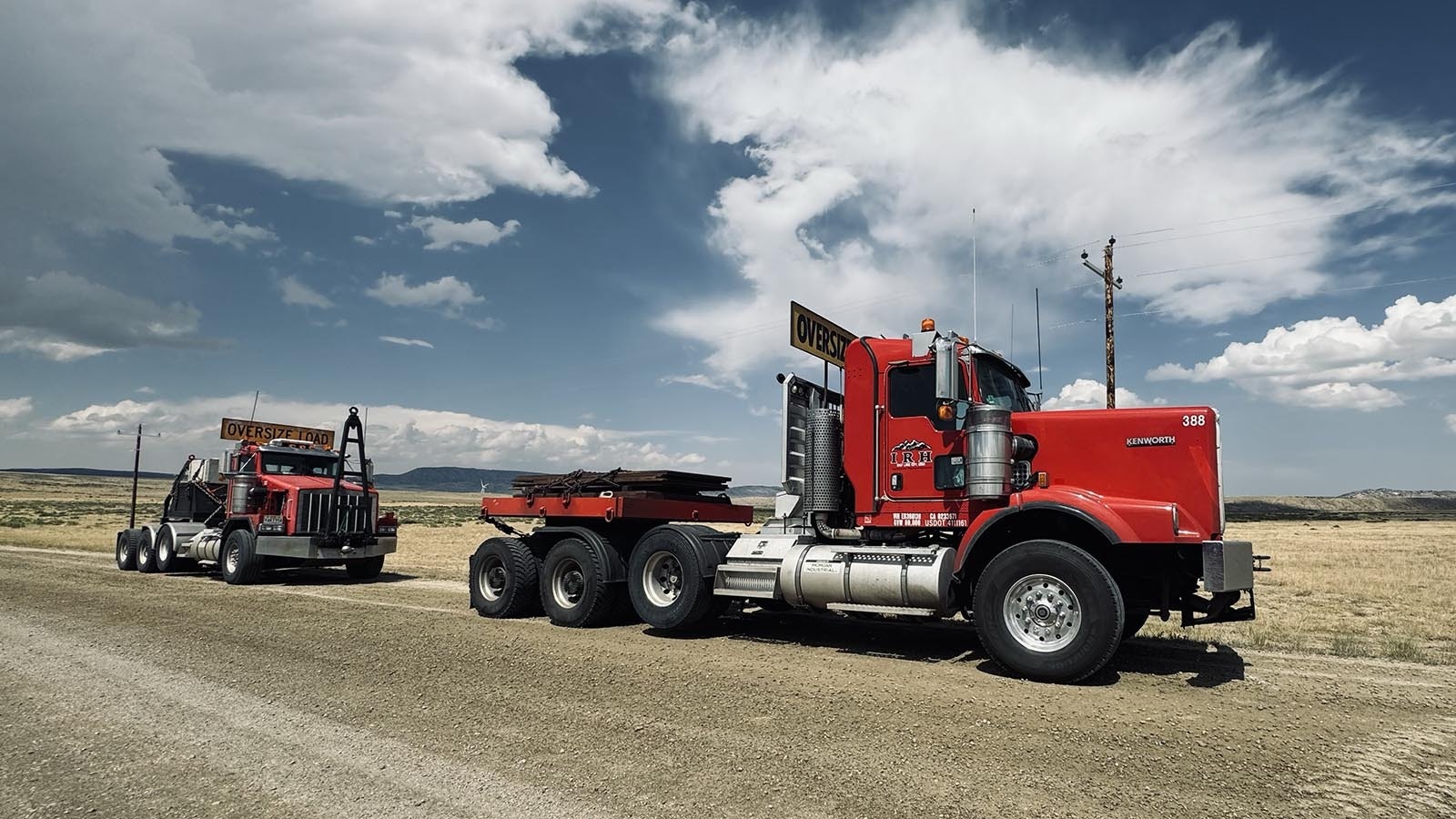 One of the six 1,000-horsepower trucks used to pull and push a 1.5 million-pound trailer carrying a transformer to PacifiCorp’s Aeolus substation.