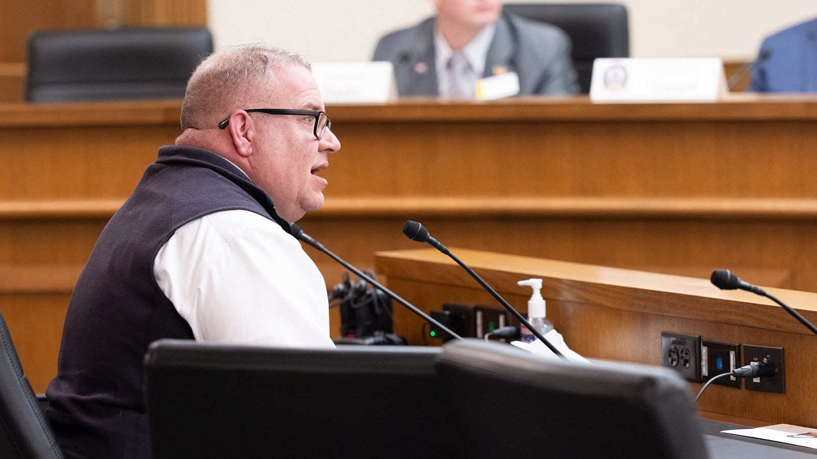 Wyoming Mining Association Director Travis Deti testifies against a budget amendment that strips $347 million from the state's Energy Matching Fund program.