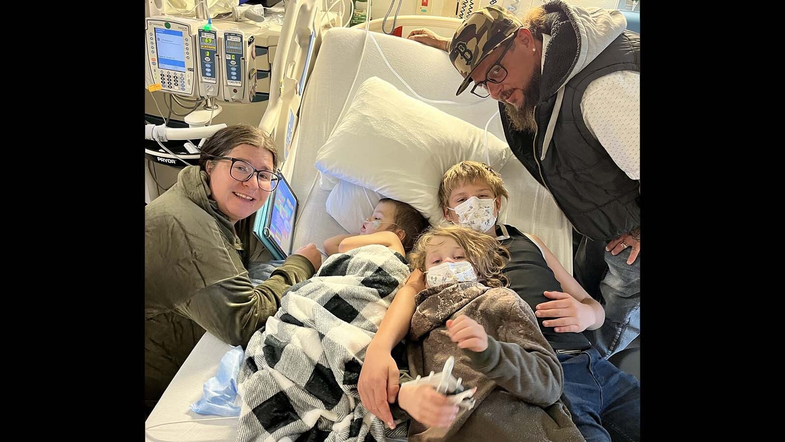 Traxton Rex Bennett, “T-Rex,” 2, of Big Piney is battling a rare form of Leukemia. He’s pictured here in the Primary Children’s Hospital in Salt Lake City with his parents, Preston and Erika, and his brothers, Dayton and Damien.