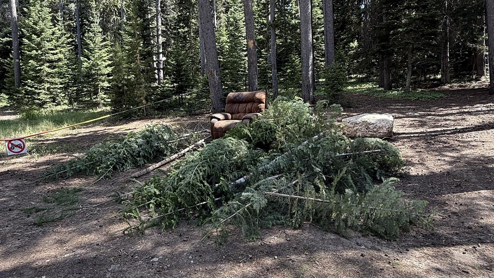 Somebody packed this recliner about 100 yards up a trail at the Tower Hill Campground on Casper Mountain and used it to furnish a lean-too made from young trees that had been illegally chopped down.