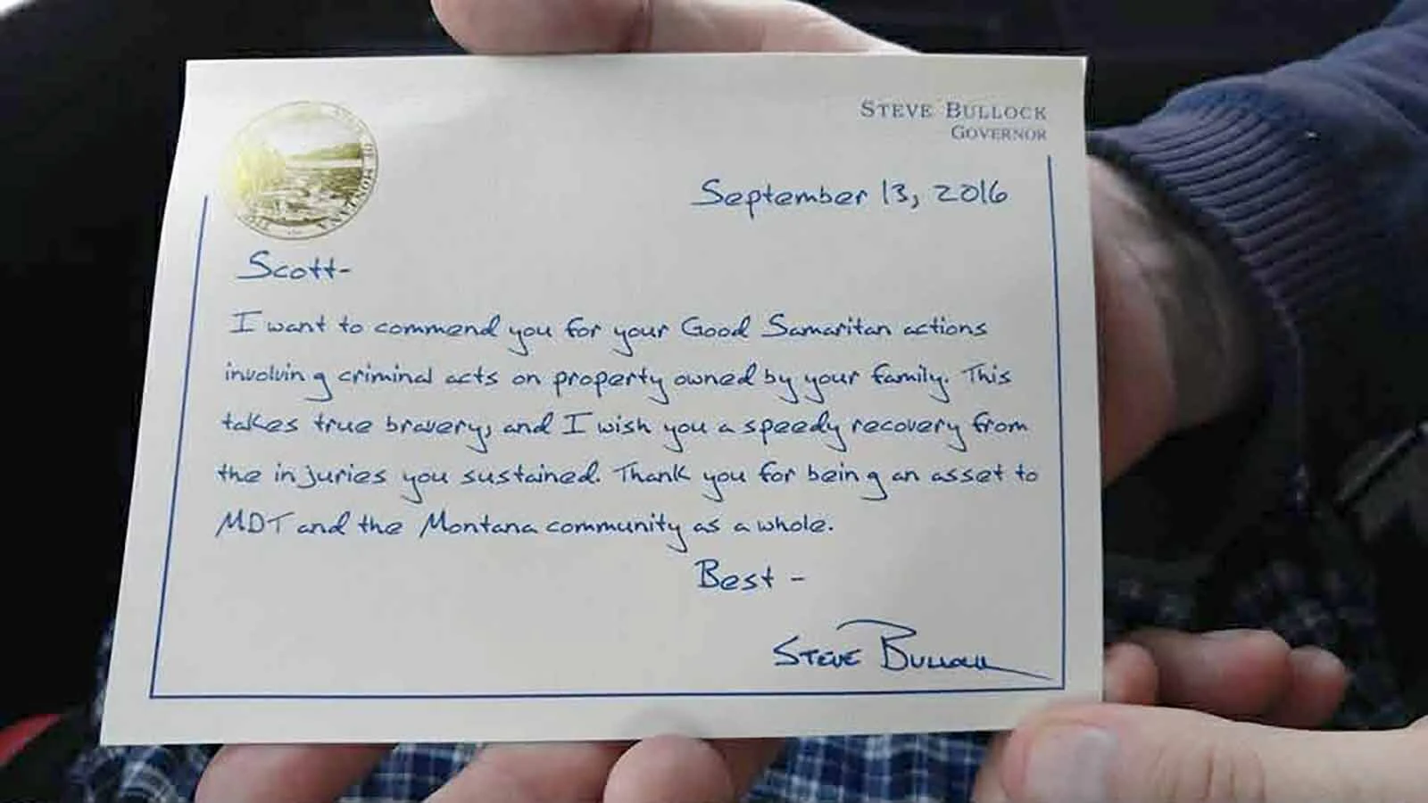 Debbie Andreas' nephew received this handwritten letter from Montana Gov. Steve Bullock commending him for his bravery after he tried to confront a convicted felon who was trespassing on his family's land.