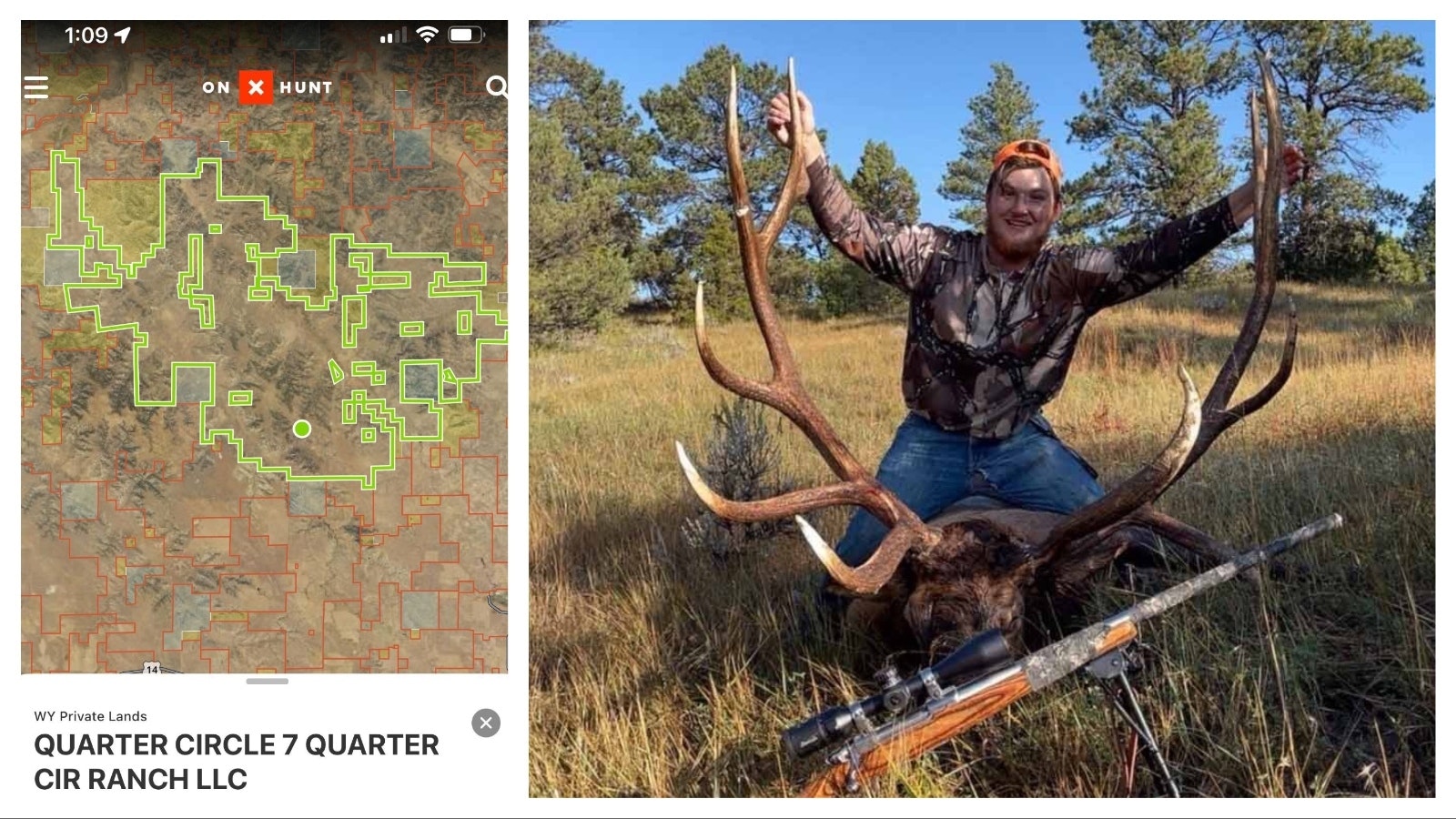 Hunter who shot a huge bull elk has been accused of trespassing to access public lands for the hunt. This map from onX Hunt, left, shows the private parcel with public enclaves inside its boundaries.