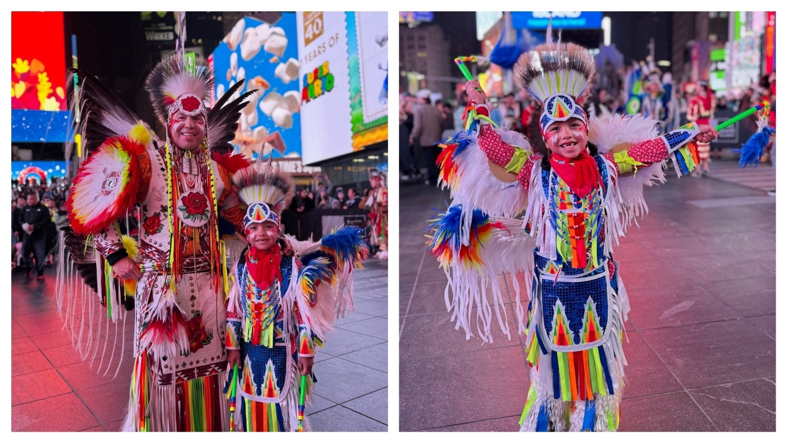 George Abeyta and his 6-year-old grandson Ethanial Brown (aka Baby E) from Wyoming's Wind River Indian Reservation showcased their Shoshone heritage at the Macy’s Thanksgiving Day Parade in New York on Thursday.