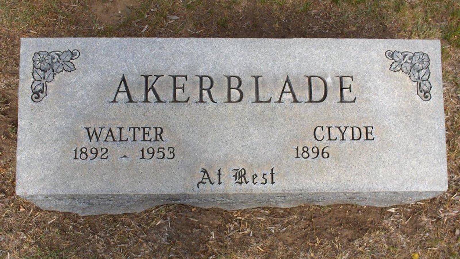 The grave of Walter Akerblade, gunned down by Tricky Riggle in 1953 in Wheatland, Wyoming.