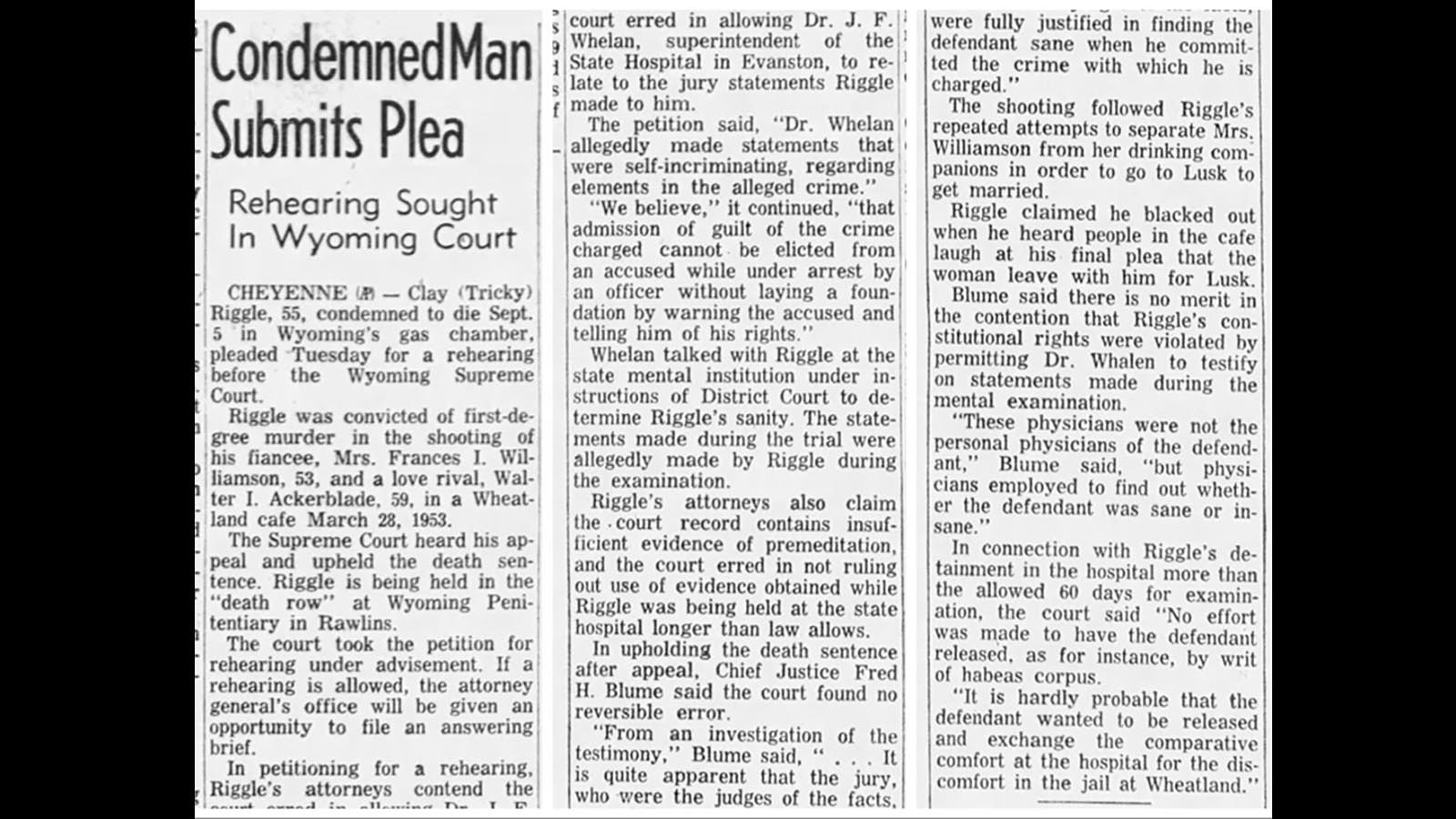 A newspaper clipping reporting on Tricky Riggle's appeal of his death sentence for killing his fiancée and a male friend in a fit of jealous rage.